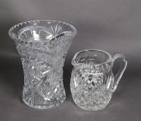 CUT GLASS FLOWER VASE, of waisted form, 9” (22.9cm) and a CUT GLASS JUG, 6” (15.2cm), (2)