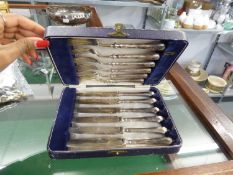 CASED SET OF SIX PAIRS OF EP DESSERT KNIVES AND FORKS, BY WALKER AND HALL, IN CASE; AND AN EP