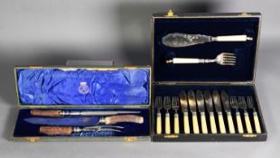 EARLY 20th CENTURY BOXED SET OF SIX PAIRS OF FISH EATERS AND MATCHING SERVERS with simulated ivory