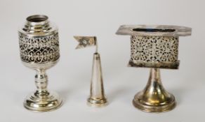 PROBABLY ISRAELI ELECTROPLATED FILIGREE SPICE TOWER, with flag pattern finial, 7 ¾” (19.7cm) high,
