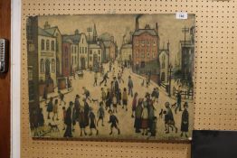 AFTER L S LOWRY COLOUR PRINT ON MANUFACTURED BOARD ‘A Village Square’ 17 ¾” x 23 ¾” (45cm x 60.4cm)