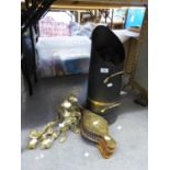 SET OF BALL AND CLAW FIRESIDE COMPANIONS WITH MATCHING ANDIRONS, A COAL SCUTTLE AND A PAIR OF