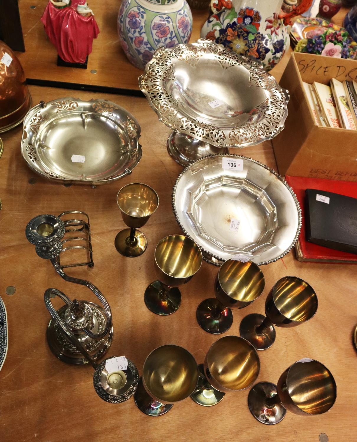 SELECTION OF ELECTRO-PLATE, INCLUDING THREE CAKE/FRUIT STANDS, SEVEN GOBLETS, CANDELABRUM AND