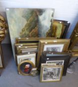 GROUP OF PICTURES AND PRINTS INCLUDING A PAIR OF EBONISED FRAME EQUESTRIAN PRINTS, AN UNFRAMED OIL