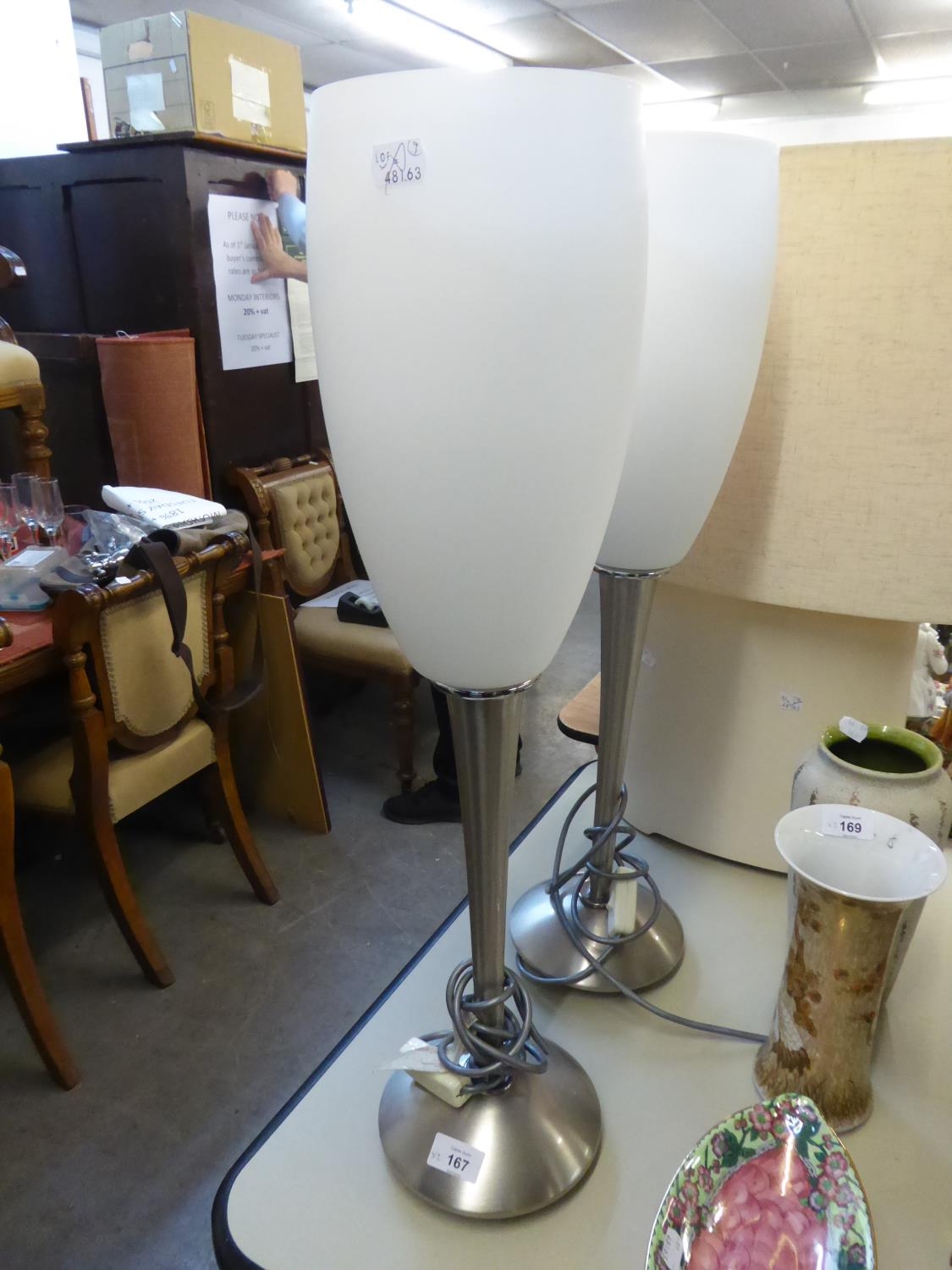 PAIR OF MODERN TALL TULIP FORM CHROMED AND BRUSHED METAL TABLE LAMPS, WITH OPAQUE WHITE GLASS