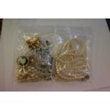 SINGLE STRAND CULTURED PEARL NECKLACE WITH PASTE SET GILT METAL CLASP, AND A FEW OTHER COSTUME ITEMS