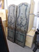 A PAIR OF MATERIAL COVERED THREE FOLD DRESSING SCREENS, 70 3/4" (180cm) high (2)