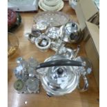 A GROUP OF ART DECO AND OTHER PLATED WARES INCLUDING; MINIATURE CHAFING DISH, SPIRIT KETTLE, CRUET
