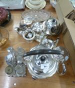 A GROUP OF ART DECO AND OTHER PLATED WARES INCLUDING; MINIATURE CHAFING DISH, SPIRIT KETTLE, CRUET