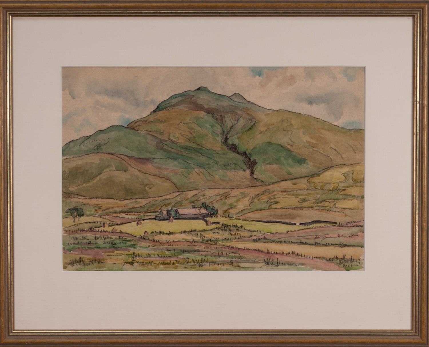 IAN GRANT (1904 - 1993) WATERCOLOUR DRAWING Landscape VI, farm & mountain Labelled verso 10in x 14 - Image 2 of 2