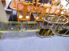 PAIR OF RECTANGULAR GOLD COLOURED TUBULAR STEEL AND GLASS SIDE TABLES, PLUS MATCHING DRINKS