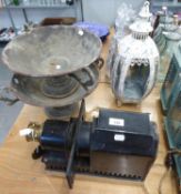 PAIR OF IRON GARDEN CAMPANA VASES, PLUS CREAM FINISH CANDLE LANTERN AND MAGIC LANTERN PROJECTOR, THE