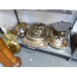 QUANTITY OF MIXED METAL ITEMS TO INCLUDE; SILVER PLATED MUFFIN DISH, TRAYS, SALVERS, EGG WAITER,