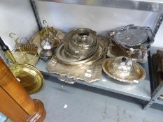 QUANTITY OF MIXED METAL ITEMS TO INCLUDE; SILVER PLATED MUFFIN DISH, TRAYS, SALVERS, EGG WAITER,