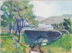 IAN GRANT (1904 - 1993) OIL PAINTING ON CANVAS BOARD Landscape with stream and bridge Signed lower