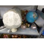 A PAIR OF CREAM POTTERY TABLE LAMPS AND SHADES, A LIGHT-UP GLOBE, A WOODEN ADVENT CALENDAR AND TWO
