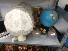 A PAIR OF CREAM POTTERY TABLE LAMPS AND SHADES, A LIGHT-UP GLOBE, A WOODEN ADVENT CALENDAR AND TWO