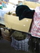 BOX OF GOLD COLOURED THROWS AND GREEN VELOUR, PLUS TWO BAGS CONTAINING HESSIAN AND OFF-CUTS (3)