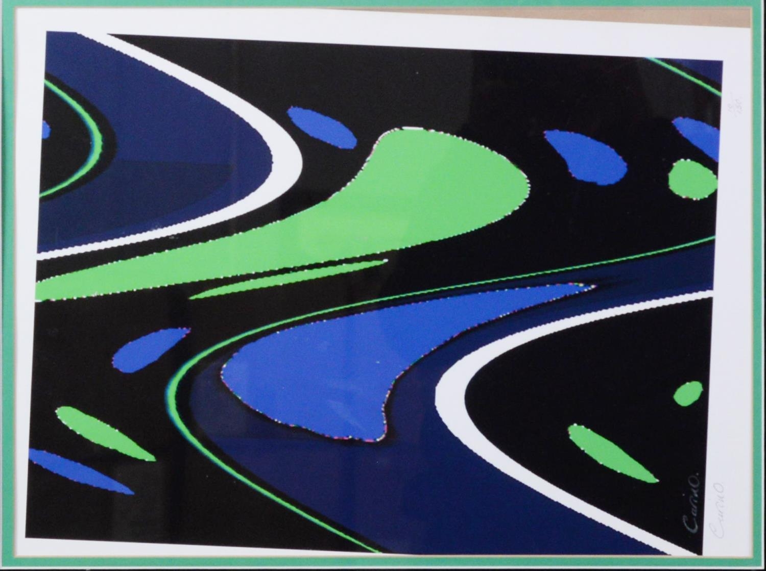 CARINO ARTIST SIGNED LIMITED EDITION COLOUR PRINT Abstract in blue, white and green (10/1450) 15”