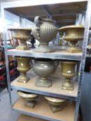 FOUR ASSORTED PAIRS OF GOLD COLOURED PLASTIC GARDEN VASES OR URNS, 14 1/2" (37cm) high and