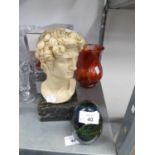 GRECIAN STYLE RESIN BUST ON MARBLE PLINTH, MDINA PAPERWEIGHT AND RED GLASS STUDIO VASE (3)