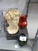 GRECIAN STYLE RESIN BUST ON MARBLE PLINTH, MDINA PAPERWEIGHT AND RED GLASS STUDIO VASE (3)