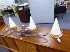 3 ROUND PYRAMID SHAPED GLASS TABLE LAMPS, ON WOOD BASES, (BY BHS)  (3)