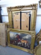 LARGE GILT EFFECT FRAME, A PRINT OF A DEER STALKER AND HOUNDS, IN GILT EFFECT FRAME, 65in x 42 1/2in