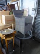 GREY/BROWN RATTAN TYPE CIRCULAR GARDEN TABLE, WITH LOOSE PLATE GLASS PROTECTOR AND A PAIR OF