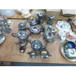 A GROUP OF ELECTROPLATED TEA AND COFFEE WARES, A THREE PIECE EPBM TEA SET, AN ENGRAVED EPNS TWO