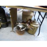 COLLECTION OF FIRESIDE COMPANIONS, INCLUDING; HELMET SHAPED COPPER COAL SCUTTLE, BRASS COAL BIN,