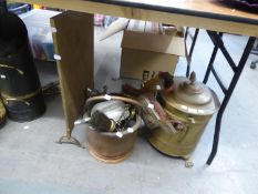 COLLECTION OF FIRESIDE COMPANIONS, INCLUDING; HELMET SHAPED COPPER COAL SCUTTLE, BRASS COAL BIN,