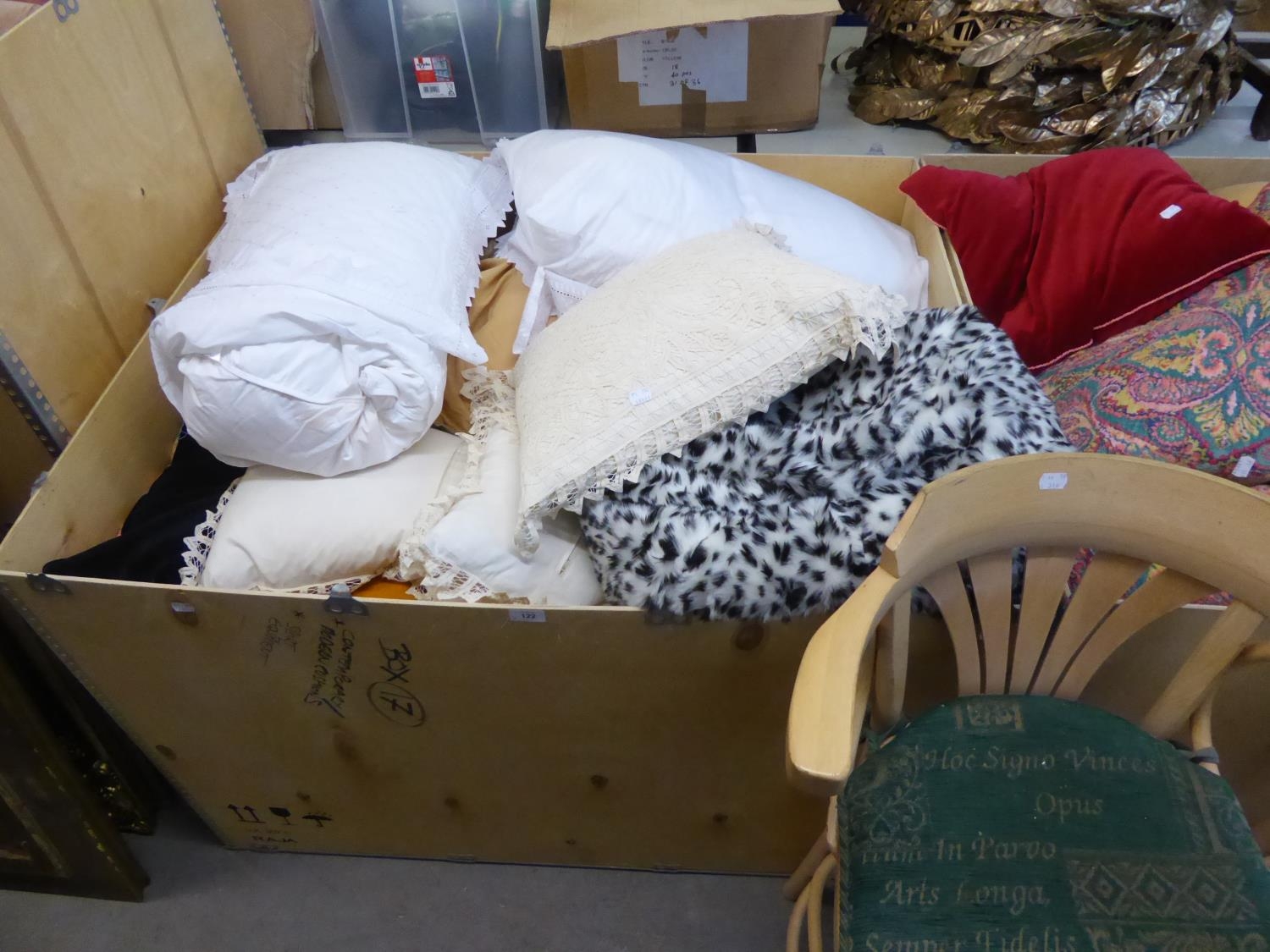 APPROX 3' x 4' WOODEN SKIP OF PILLOWS AND SCATTER CUSHIONS (QUANTITY)