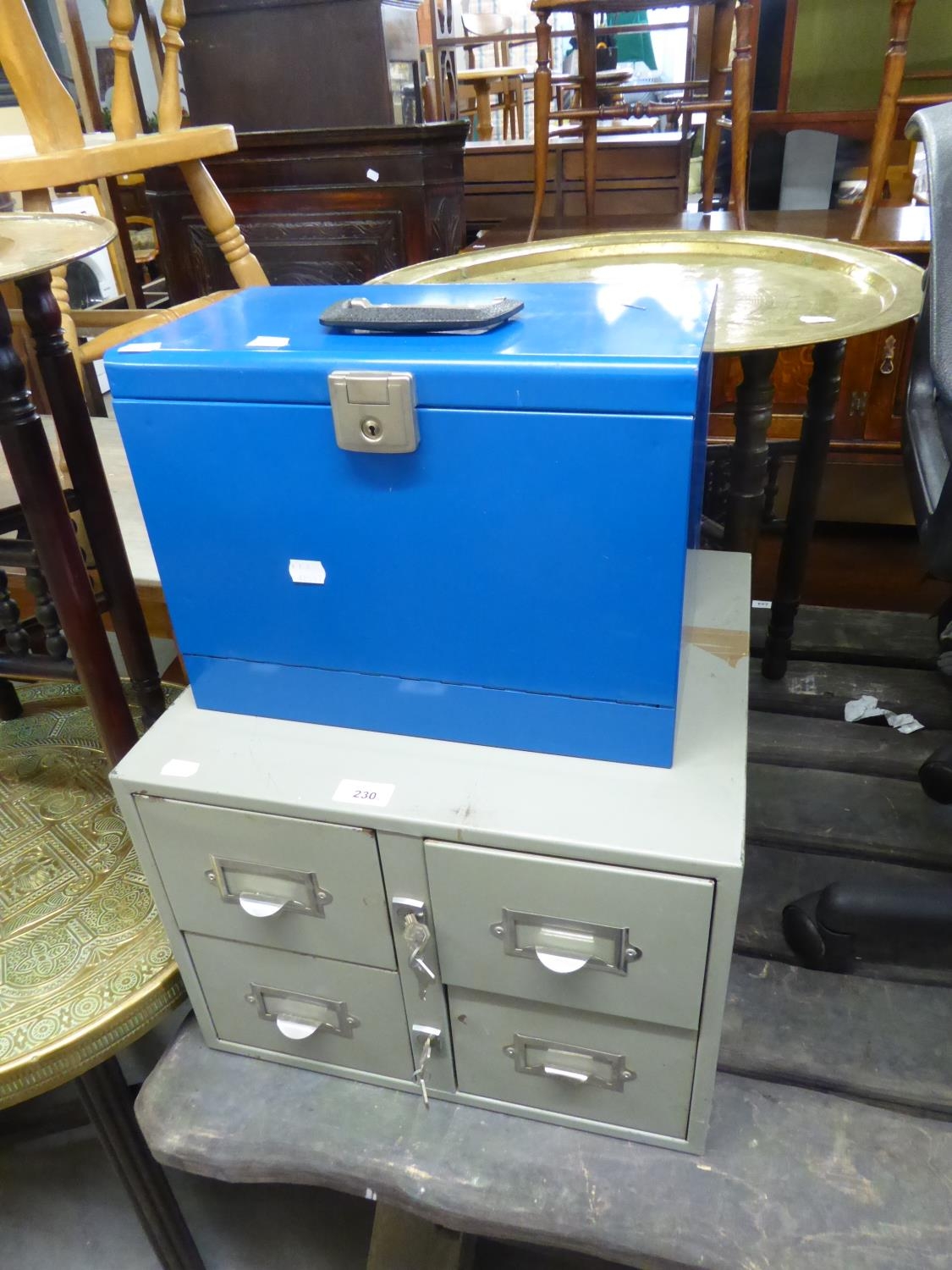 A NEST OF FOUR GREY METAL CARD INDEX DRAWERS AND A BLUE METAL PORTABLE FILING BOX (2)
