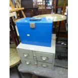 A NEST OF FOUR GREY METAL CARD INDEX DRAWERS AND A BLUE METAL PORTABLE FILING BOX (2)