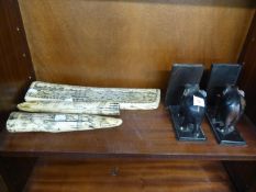PAIR OF RESIN REPRODUCTION SCRIMSHAW WALRUS TUSKS, AND A SIMILAR RESIN WHALEBONE AND ELEPHANT