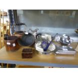 A SMALL GROUP OF SILVER PLATED WARES, TO INCLUDE; TEA SET, NAPKIN RINGS (BOXED) JEWELLERY BOX ETC...