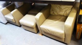 A PAIR OF LIGHT BROWN LOUNGE CHAIRS, WITH LOW SQUARE BACKS AND THE MATCHING LARGE SQUARE