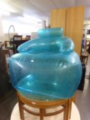 INFLATABLE FURNITURE – A BLUE PVC TRANSPARENT SOFA AND CHAIR WITH TWO PUMPS - ONE MAINS ELECTRIC AND