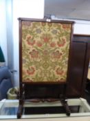 WILLIAM IV CARVED ROSEWOOD LARGE RECTANGULAR FIRE SCREEN WITH FLORAL TAPESTRY PANEL AND TWO PULL-OUT