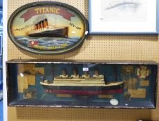 POST WAR MOULDED AND PAINTED PLASTER HALF HULL MODEL DEPICTING THE TITANIC, FAUX PHOTO'S AND OTHER