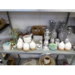 COLLECTION OF SILVER COLOURED METAL RESIN PINEAPPLE CANDLESTICKS, LEAD CRYSTAL LUSTRES, WHITE AND