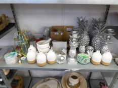 COLLECTION OF SILVER COLOURED METAL RESIN PINEAPPLE CANDLESTICKS, LEAD CRYSTAL LUSTRES, WHITE AND