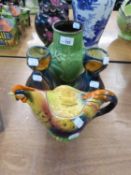 PAIR OF VICTORIAN ART POTTERY BULB VASES, A GREEN GLAZED DRAGON, PRUNUS VASE AND A ROOSTER TEAPOT (