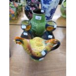 PAIR OF VICTORIAN ART POTTERY BULB VASES, A GREEN GLAZED DRAGON, PRUNUS VASE AND A ROOSTER TEAPOT (