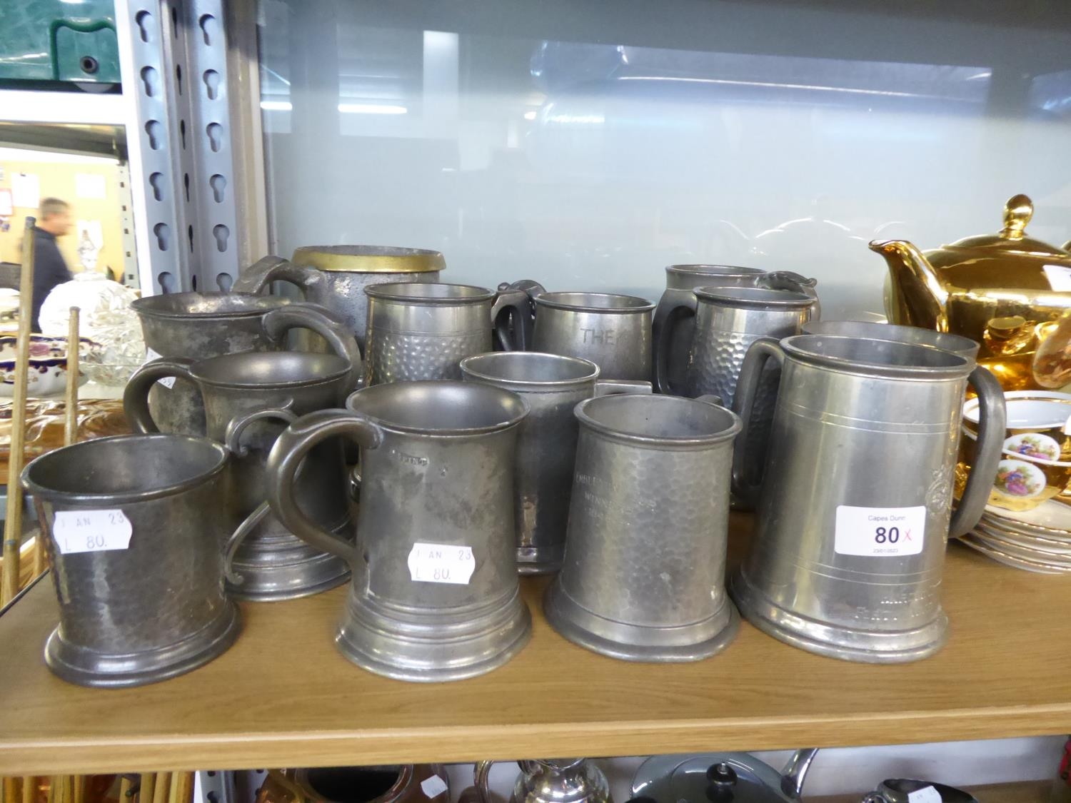QUANTITY OF TANKARDS, STAINLESS STEEL, PEWTER OF VARIOUS SIZES