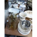 MIXED LOT TO INCLUDE; A MARBLE PEDESTAL BOWL AND MATCHING URN, 2 CLOCKS, LIGHT FITTINGS, KITCHEN