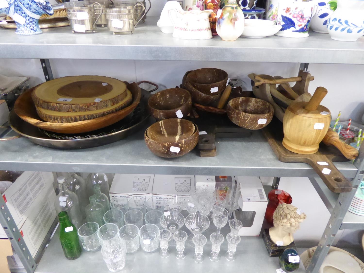 ASSORTED WOODEN UTENSILS, COCONUT BOWLS, WAVY EDGED BOARDS, PAELLA PAN ETC.....