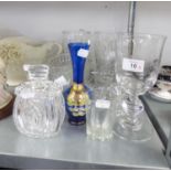TWO CUT GLASS VASES; CUT GLASS PRESERVES JAR AND COVER; VICTORIAN BLUE AND GILT SMALL VASE AND OTHER