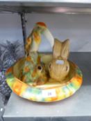 FALCON WARE POTTERY TABLE CENTRE FLOWER BOWL WITH LOOSE TOUCAN FLOWER RECEIVER AND A SYLVAC FAWN